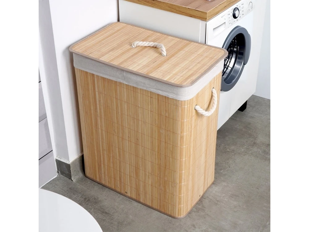 Vilde Bamboo Laundry Basket 90L 50×30.5×60.5cm – 2-Compartment with Lid, Beige – view 6