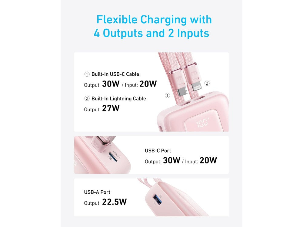 Anker Zolo Power Bank 20,000mAh 30W – 2 Built-in Cables (USB-C + Lightning MFi), USB-A & USB-C, White – view 6