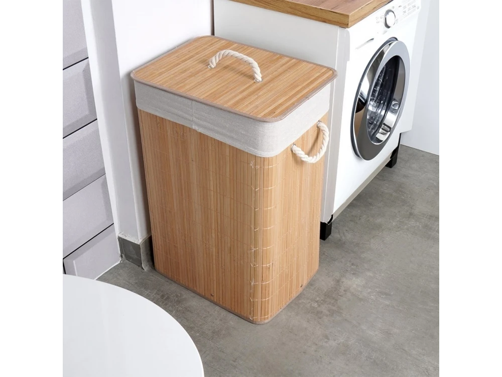 Vilde Bamboo Laundry Basket 70L 40×30×60cm – 2-Compartment with Lid, Beige – view 6