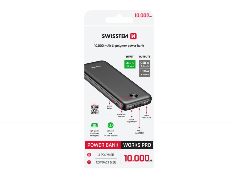Swissten WORX Pro 10000mAh USB-C Power Bank – Slim 1.6cm, 2 USB-A Ports, Black – view 6