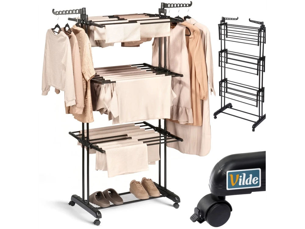 Vilde Vertical Drying Rack 3-Tier 78×64×170cm with Wheels & Hangers, Black – view 6