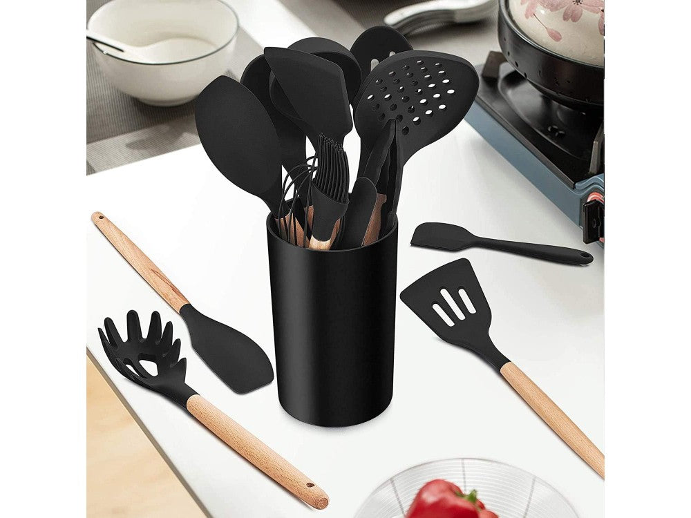 AJ 14-Piece Silicone Kitchen Utensil Set with Stainless Steel Handles, Black – view 6