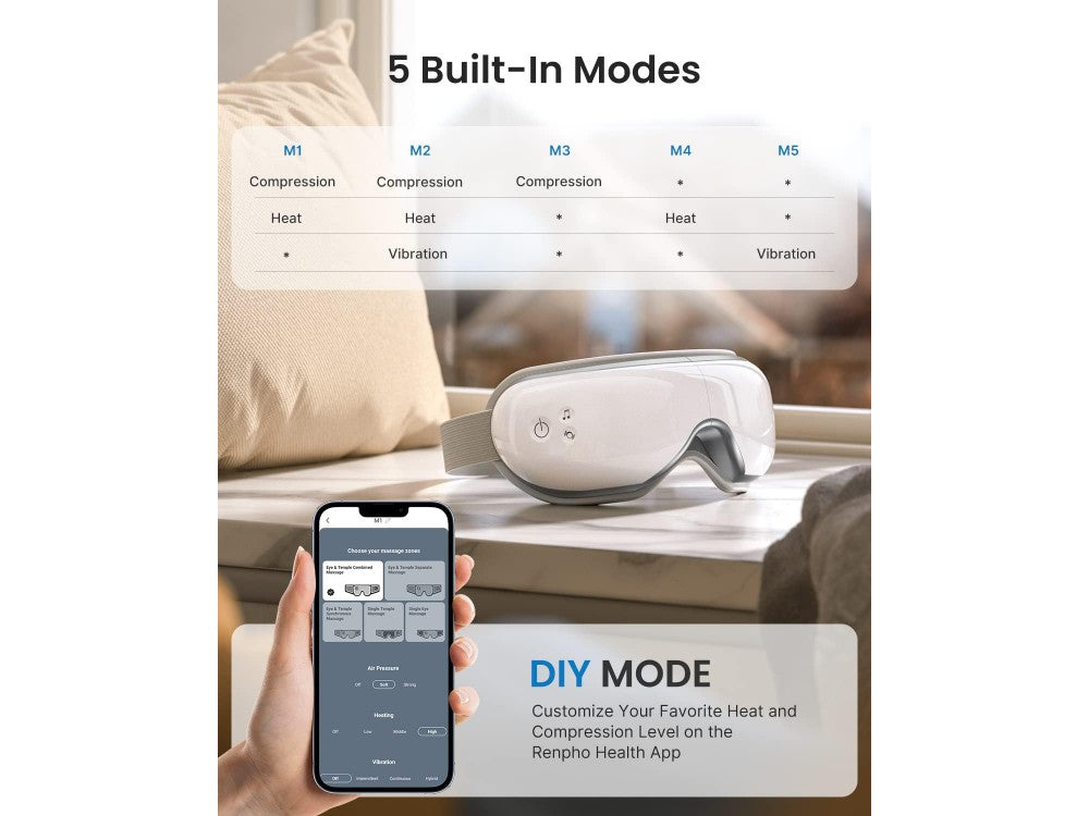 RENPHO Eyeris Smart Eye Massager – App Control, DIY Mode, 3 Heat Levels, Bluetooth Music, White – view 6