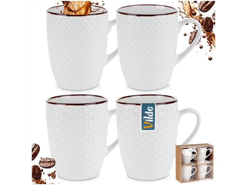 Vilde Premium Ceramic Mugs White – Set of 4, 400ml, Embossed Design, Gift Box – view 6