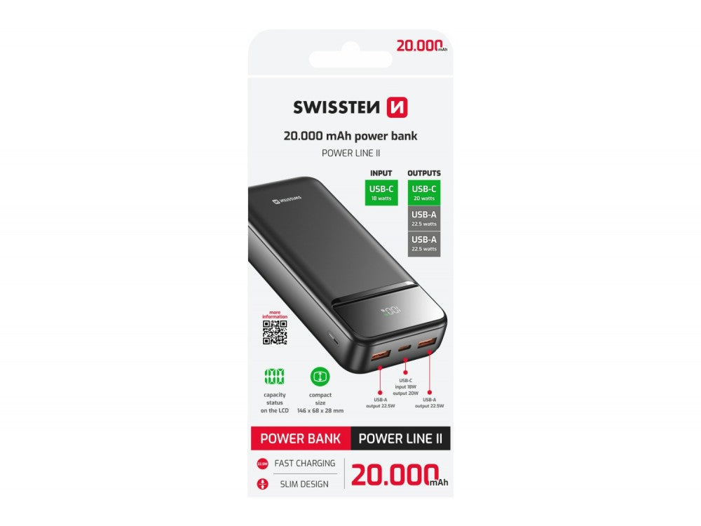 Swissten Power Line II 20000mAh 22.5W PD Power Bank – 3 Ports, LED Display, Black – view 7