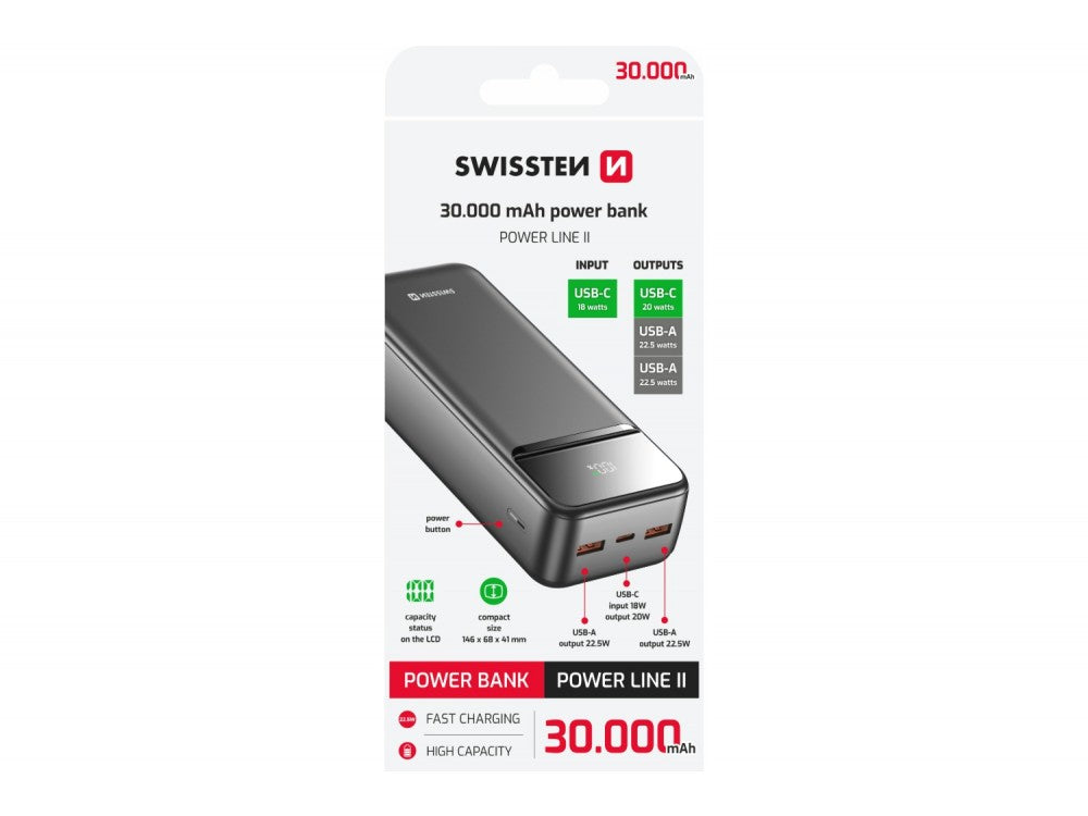 Swissten Power Line II 30000mAh 22.5W PD Power Bank – 3 Ports, LED Display, Black – view 7