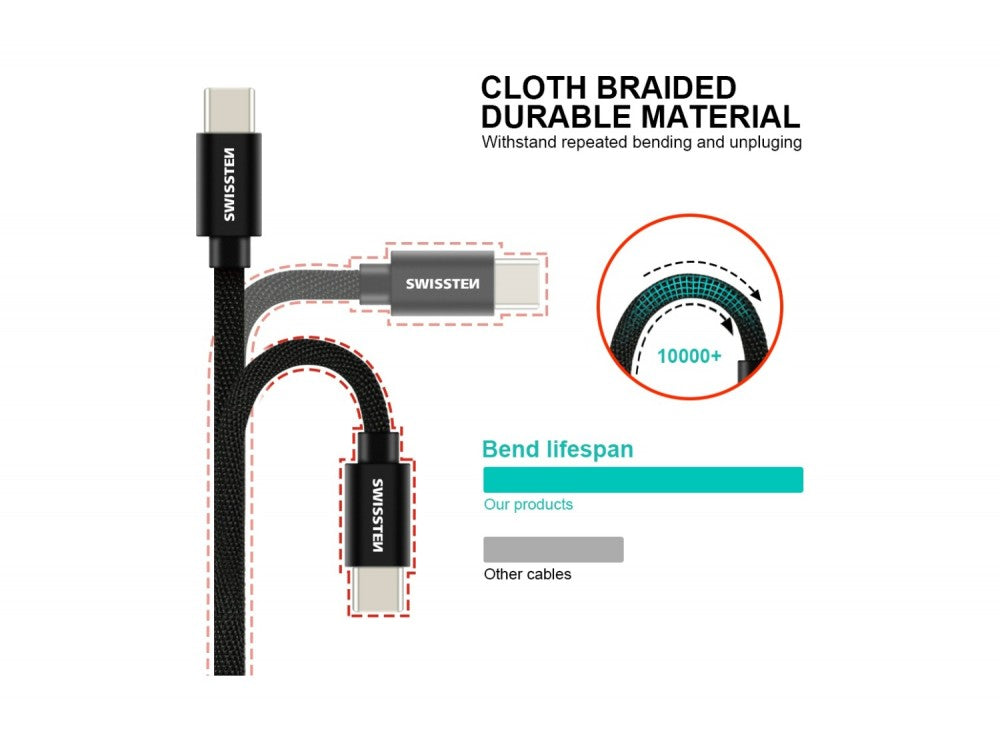 Swissten Textile USB-C to USB-C Cable 20cm – 60W, Nylon Braided, Aluminium Connectors, Silver – view 7