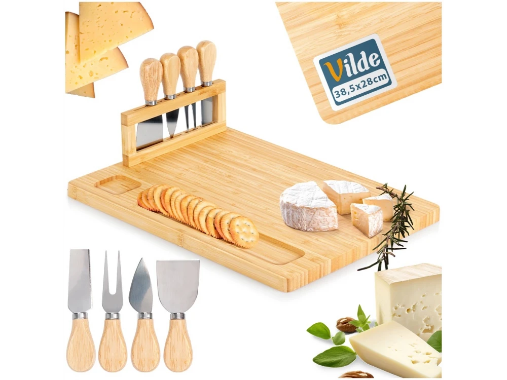 Vilde Premium Bamboo Cheese Board with 4 Knives – Serving Platter Set – view 7