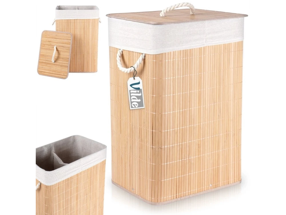 Vilde Bamboo Laundry Basket 70L 40×30×60cm – 2-Compartment with Lid, Beige – view 7