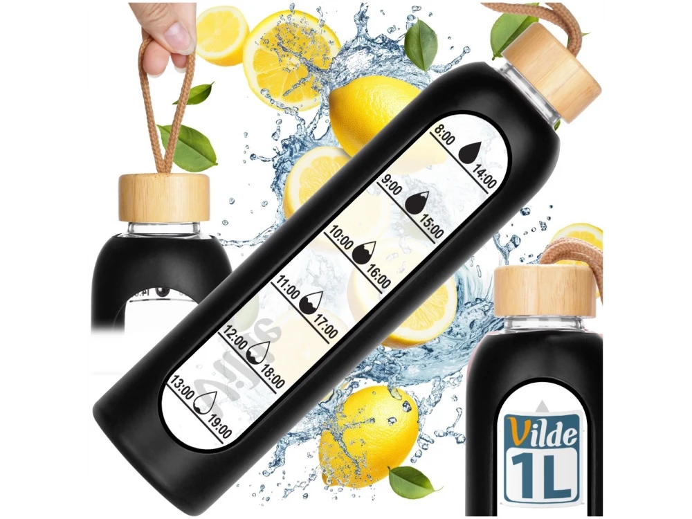 Vilde Glass Water Bottle 1L with Time Markings, Airtight Bamboo Lid & Silicone Sleeve – Black – view 7