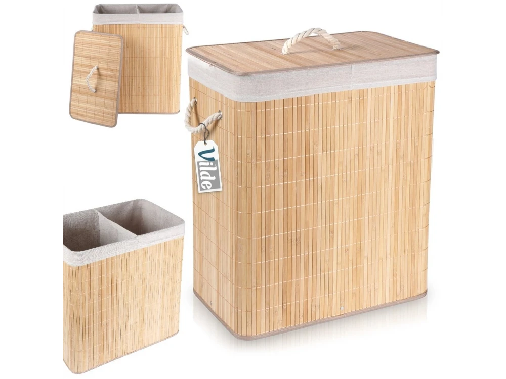 Vilde Bamboo Laundry Basket 90L 50×30.5×60.5cm – 2-Compartment with Lid, Beige – view 7