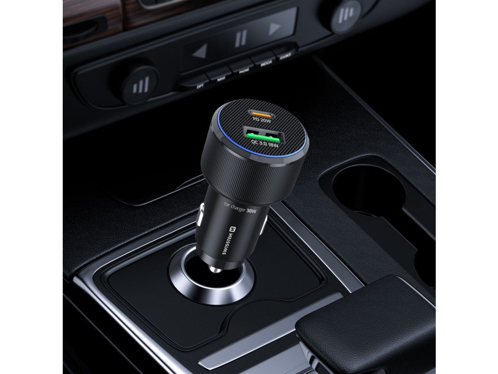 Swissten Car Charger 38W – PD 3.0 USB-C + QC 3.0 USB-A, with USB-C Cable, Black – view 7
