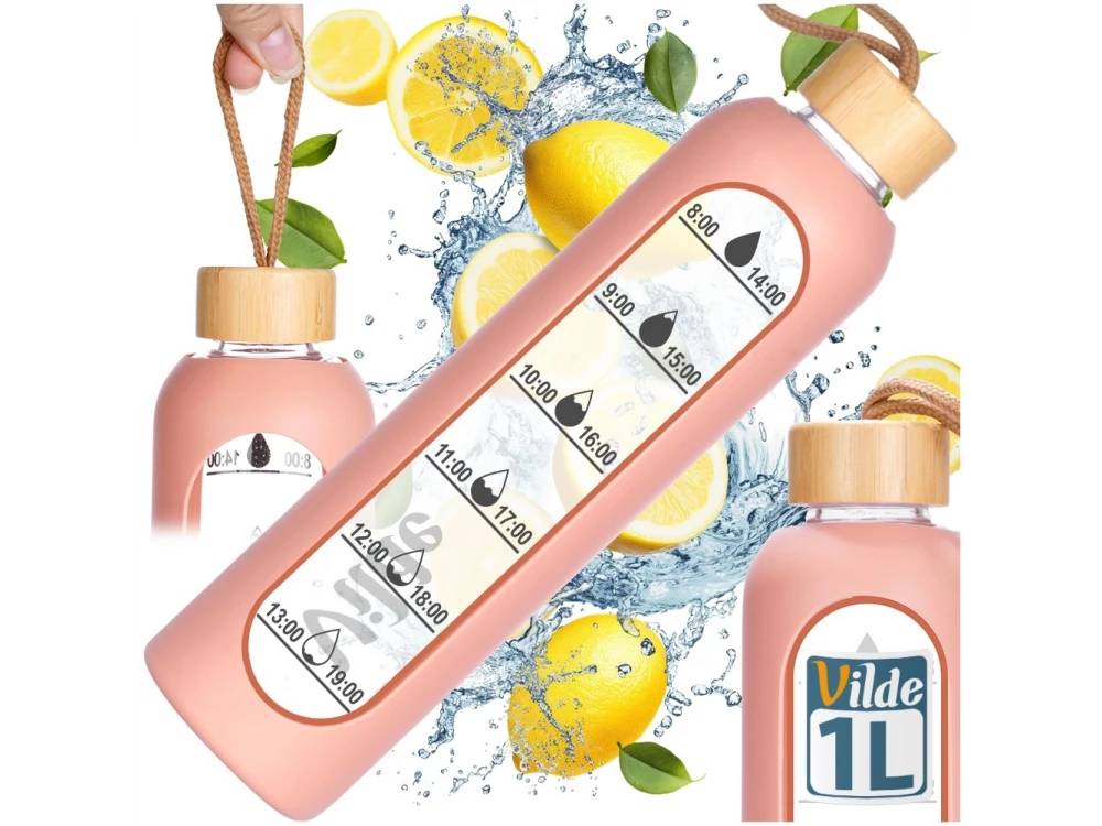 Vilde Glass Water Bottle 1L with Time Markings, Airtight Bamboo Lid & Silicone Sleeve – Pink – view 7