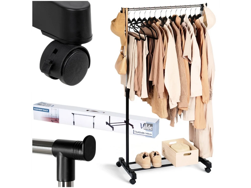 Vilde Metal Rolling Clothes Rack – Height-Adjustable, Bottom Shelf, 72x42x140cm, Black – view 7