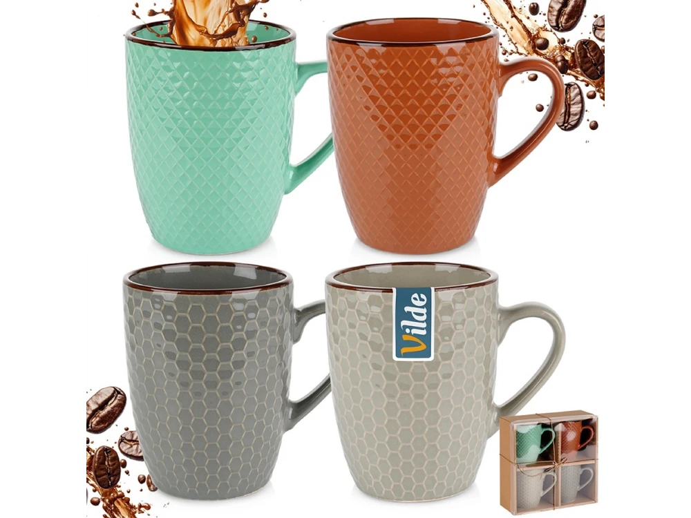Vilde Premium Ceramic Mugs – Set of 4, 400ml, Embossed Design, Gift Box – view 7