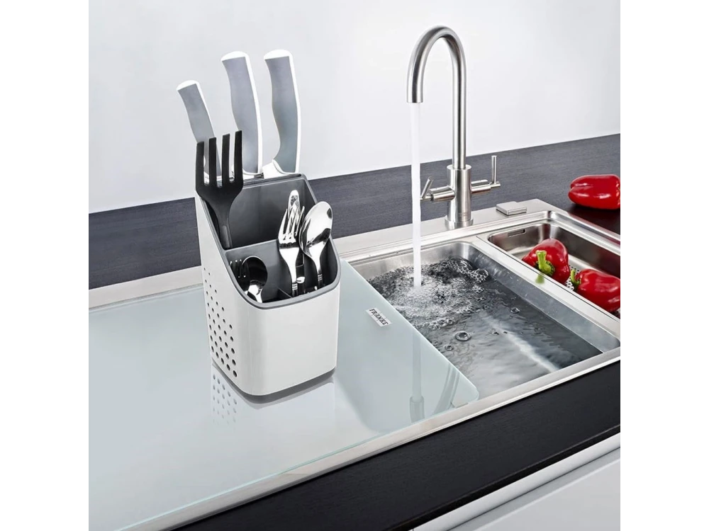 Vilde Cutlery Drainer / Holder with 3 Compartments + 7 Knife Slots, 14×14×23 cm – White / Grey – view 7
