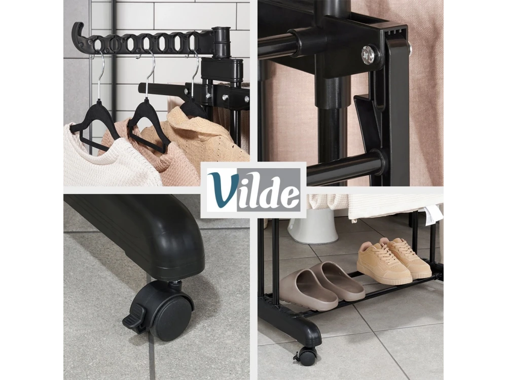 Vilde Vertical Drying Rack 3-Tier 78×64×170cm with Wheels & Hangers, Black – view 7
