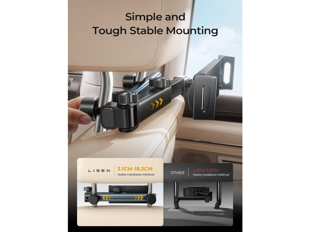 Lisen 2E547 Tablet & Phone Car Headrest Holder – 360° Rotation, Extendable Arm, Black – view 7