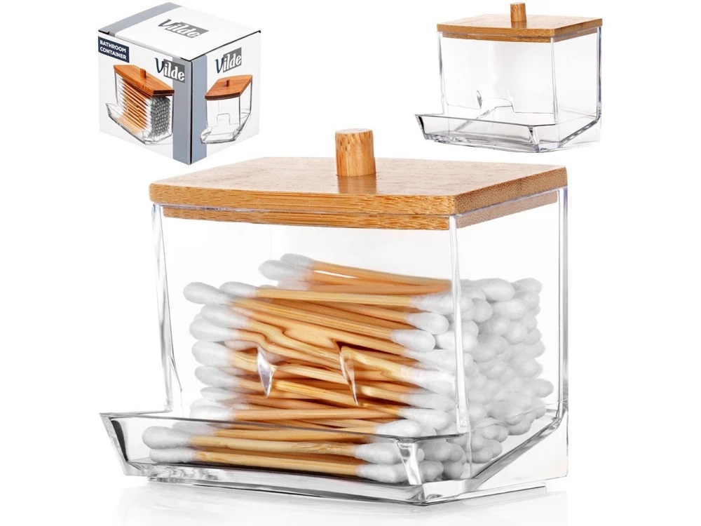 Vilde Cotton Swab Dispenser with Bamboo Lid – Compact 9×7×9 cm Acrylic Holder – view 7