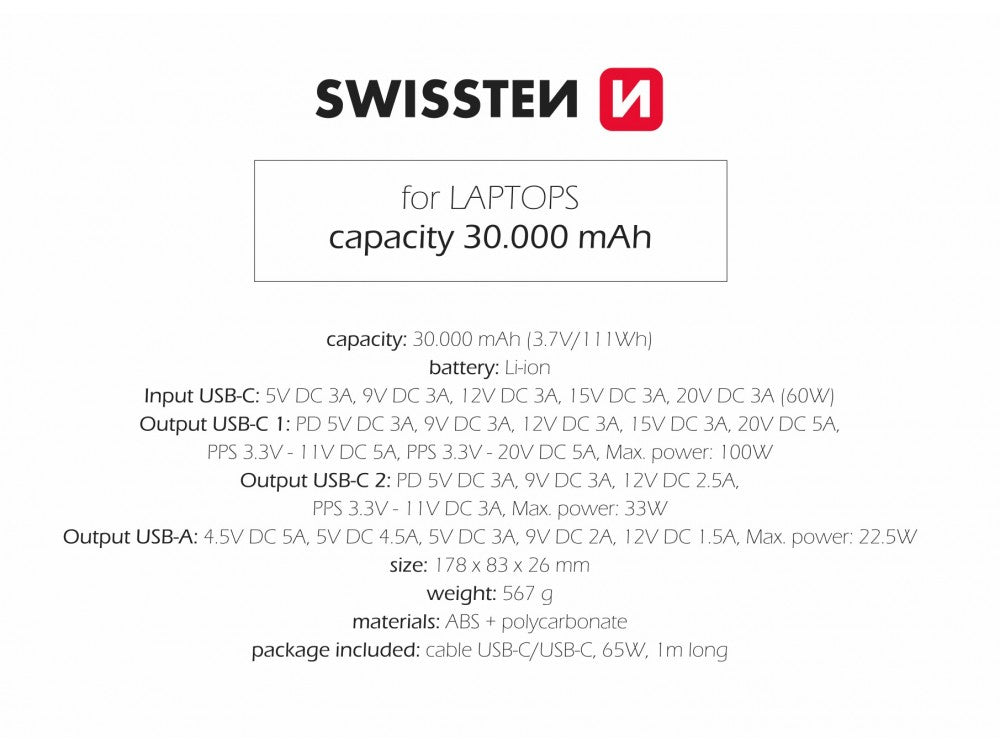 Swissten Power Bank 30000mAh 133W – USB-C PD 100W + USB-C PD 33W + USB-A QC 22.5W, Grey – view 7