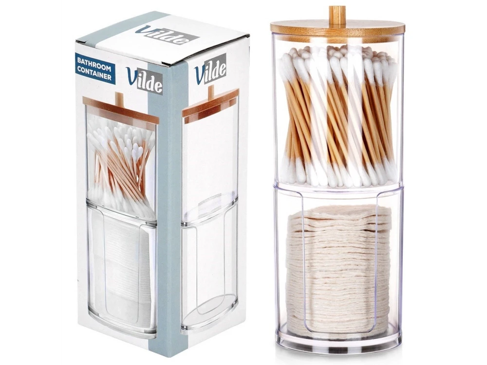 Vilde 2-Tier Cotton Swab & Pad Container with Bamboo Lid – Stackable Acrylic Organizer – view 7