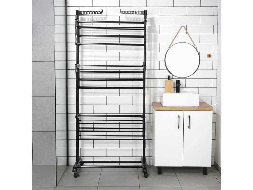 Vilde Vertical Drying Rack 3-Tier 78×64×170cm with Wheels & Hangers, Black – view 8