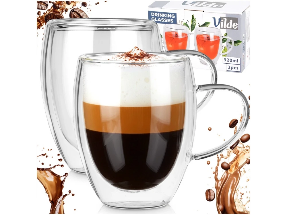 Vilde Premium Double-Walled Borosilicate Glass Cappuccino / Latte Macchiato Cups Set of 2 × 320ml with Handle – view 8
