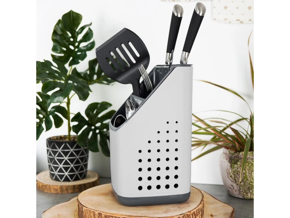 Vilde Cutlery Drainer / Holder with 3 Compartments + 7 Knife Slots, 14×14×23 cm – White / Grey – view 8
