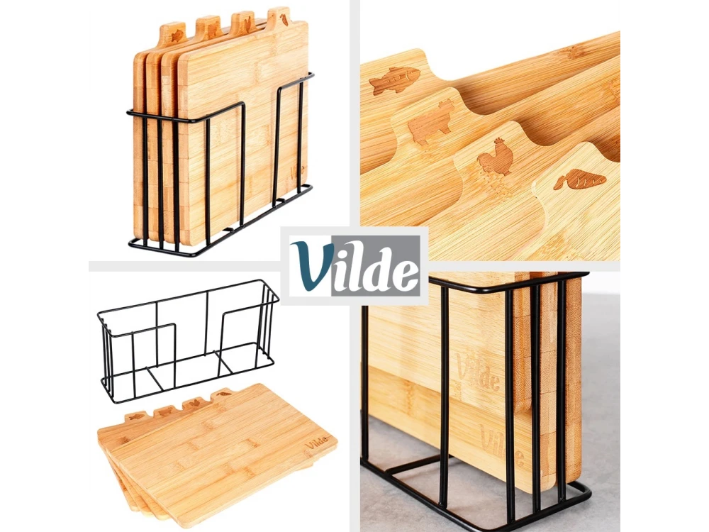 Vilde Premium Bamboo Chopping Boards Set of 4 with Stand – 28x20 cm, Food Icons – view 8