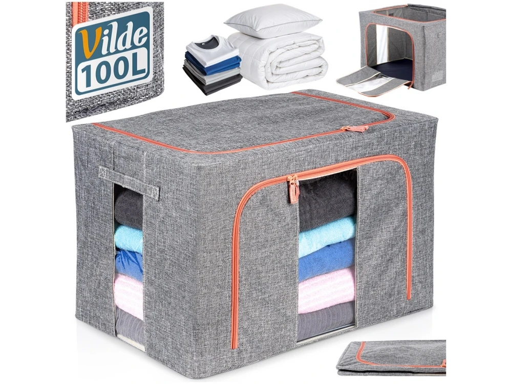 Vilde Fabric Storage Box 100L 60×42×40cm – Transparent Windows, Metal Frame, Grey – view 9
