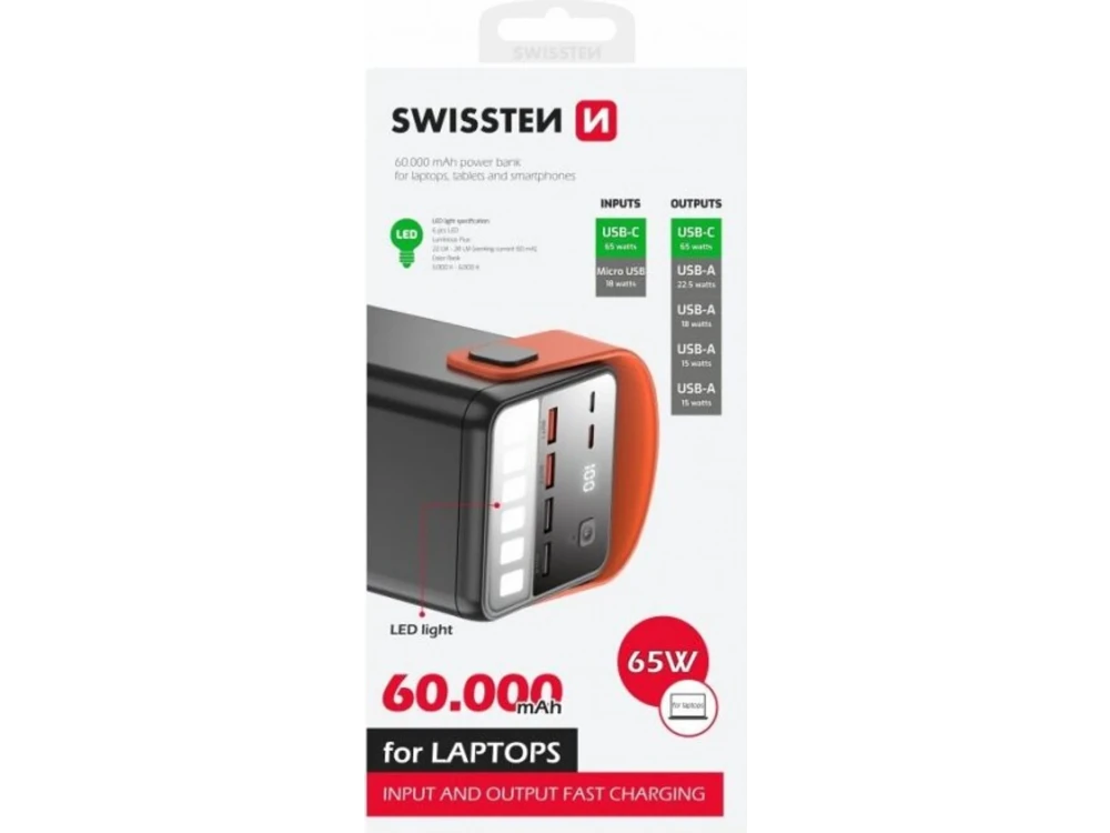 Swissten Power Line 60000 Power Bank 60000mAh 65W PD + QC3.0 + SCP – LCD Display, LED Flashlight – view 9