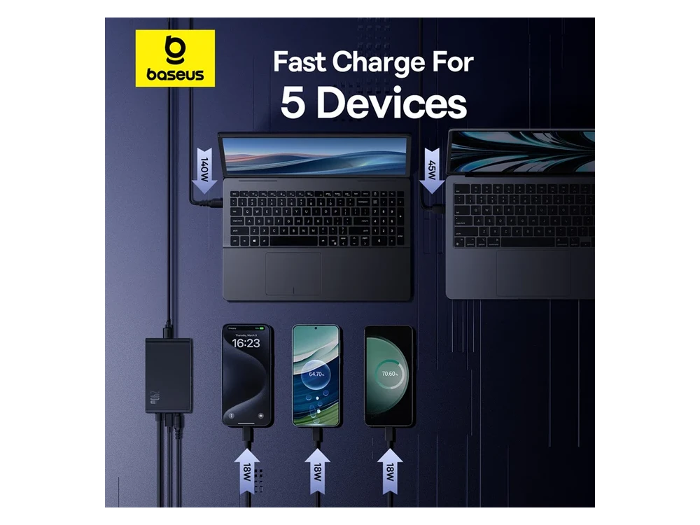 Baseus 240W GaN3 Pro Charger – PD3.1 / QC4.0 / AFC / FCP, 3x USB-C + USB-A, Black – view 9