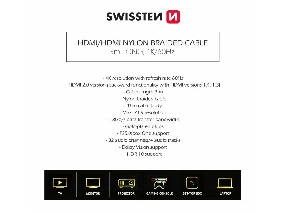 Swissten HDMI 2.0 Cable 3m – 4K@60Hz, HDR, VRR, 18Gbps, Gold Plated Nylon Braided – view 9