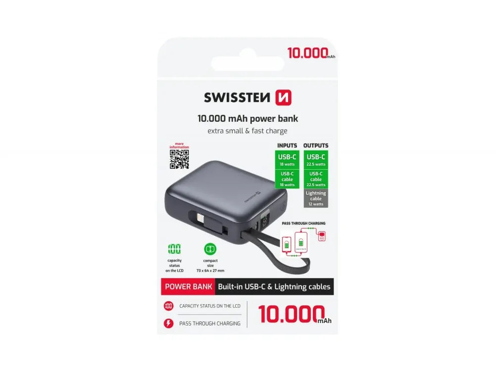 Swissten Space Power Bank 10000mAh 22.5W – Built-in USB-C & Lightning Cables, LCD, Silver – view 9
