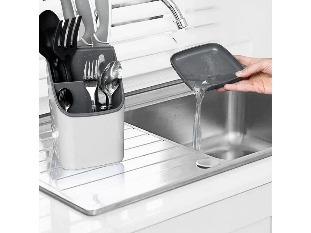 Vilde Cutlery Drainer / Holder with 3 Compartments + 7 Knife Slots, 14×14×23 cm – White / Grey – view 9