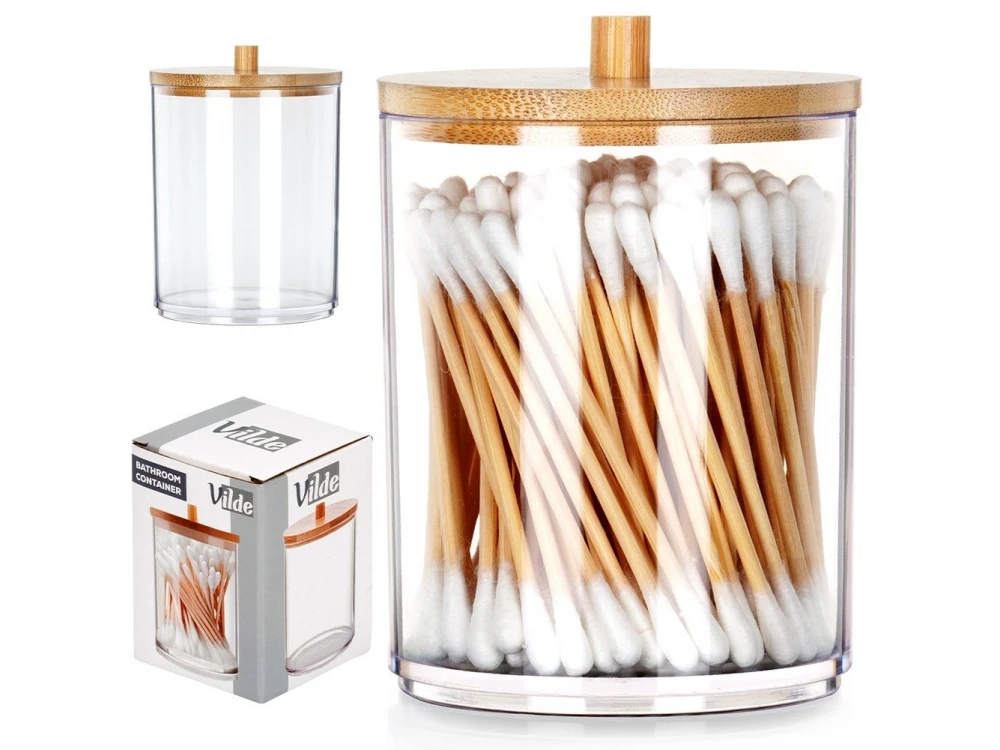 Vilde Cotton Swab & Cotton Pad Holder with Bamboo Lid – Clear Acrylic Bathroom Organizer – view 9