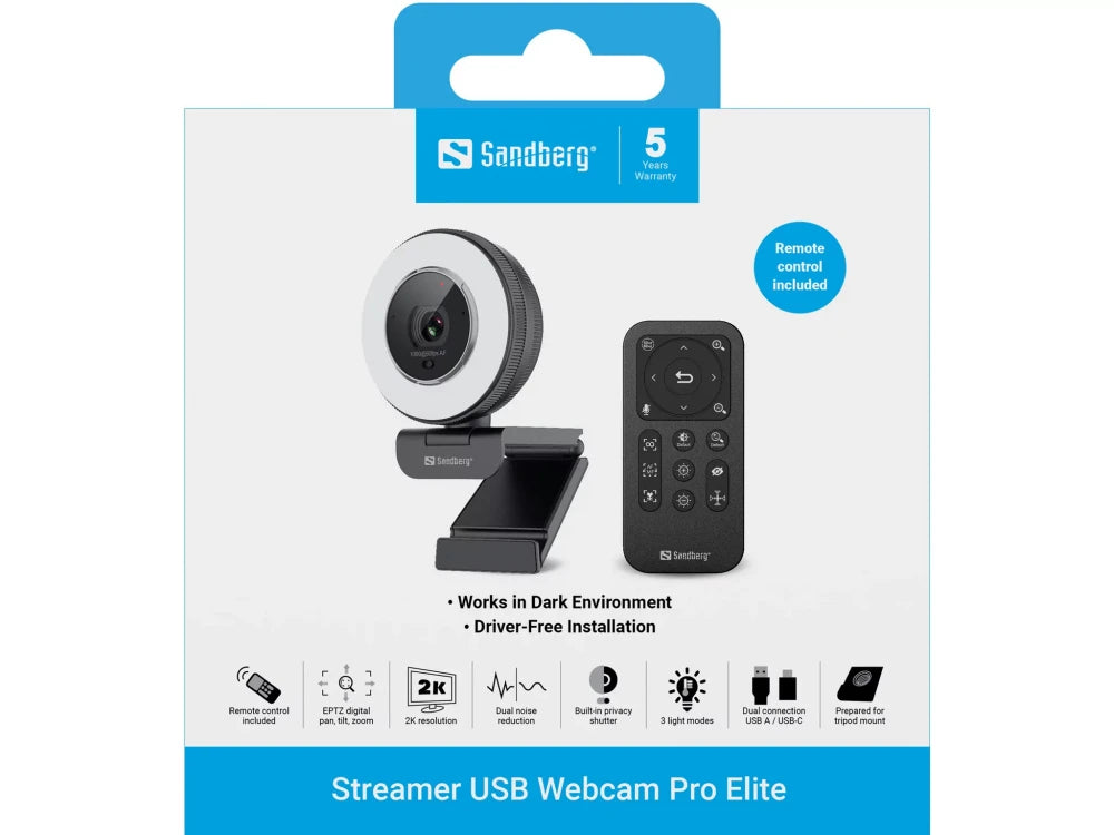 Sandberg Streamer Pro Elite 2K Webcam – LED Ring Light, Stereo Mic, ePTZ, Remote, White – view 10
