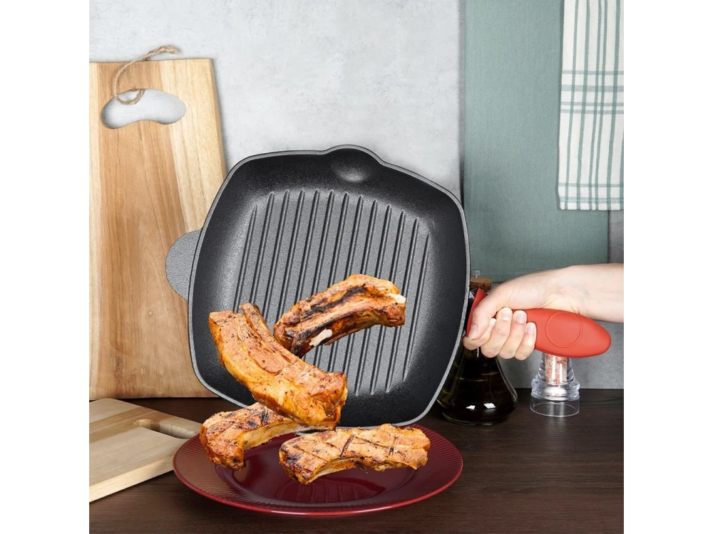 Vilde Premium Cast Iron Grill Pan 28 cm – Ridged Square Pan, Silicone Handle Grip – view 10