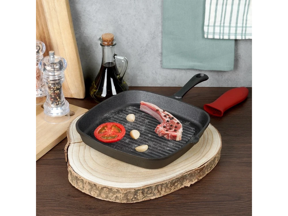 Vilde Premium Cast Iron Grill Pan 24 cm – Ridged Square Pan, Silicone Handle Grip – view 10