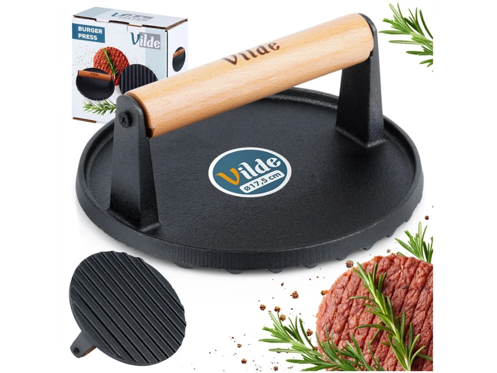 Vilde Cast Line Burger Press Cast Iron 17.5cm – Wooden Handle, Black – view 10