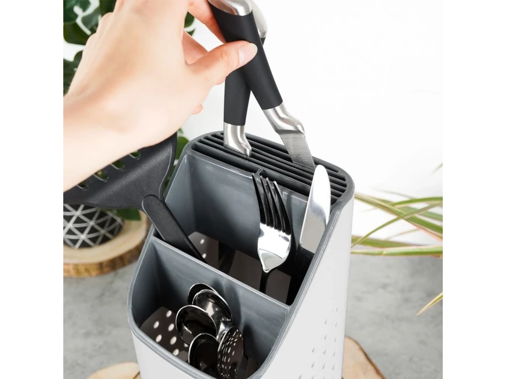 Vilde Cutlery Drainer / Holder with 3 Compartments + 7 Knife Slots, 14×14×23 cm – White / Grey – view 10