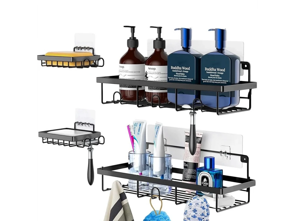 Vilde 4-Pack Shower Caddy Adhesive Wall-Mounted Metal Bathroom Organizer – Black – view 10