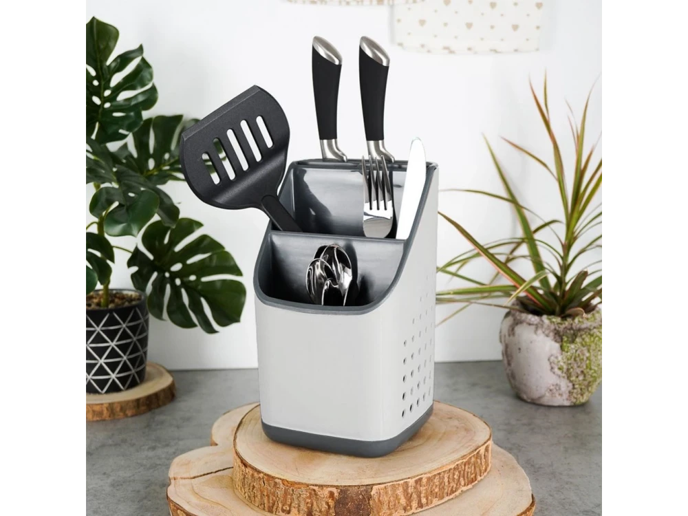 Vilde Cutlery Drainer / Holder with 3 Compartments + 7 Knife Slots, 14×14×23 cm – White / Grey – view 11