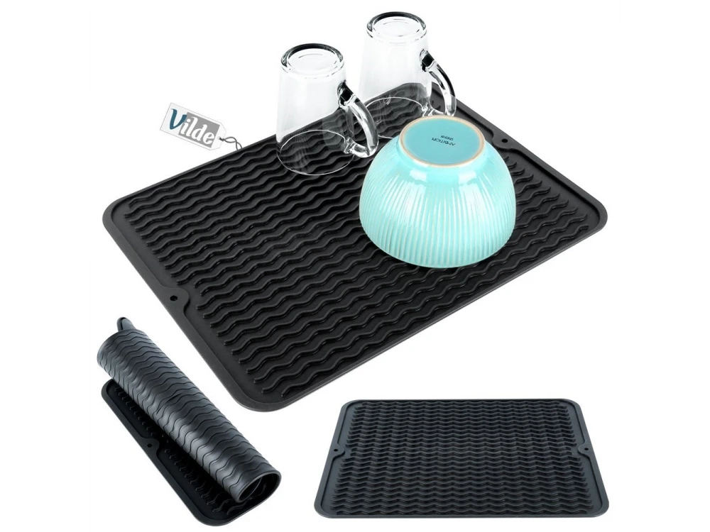 Vilde Silicone Dish Drying Mat 40x30cm – Roll-Up, Drainage Grooves, Black – view 11