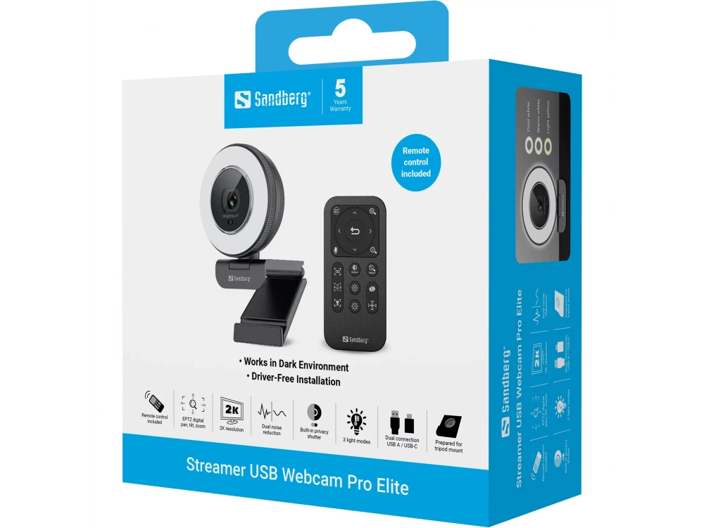 Sandberg Streamer Pro Elite 2K Webcam – LED Ring Light, Stereo Mic, ePTZ, Remote, White – view 11