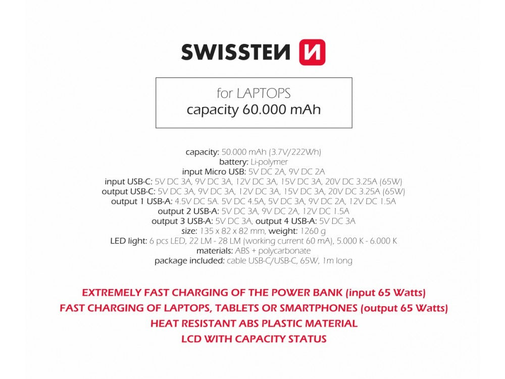 Swissten Power Line 60000 Power Bank 60000mAh 65W PD + QC3.0 + SCP – LCD Display, LED Flashlight – view 12