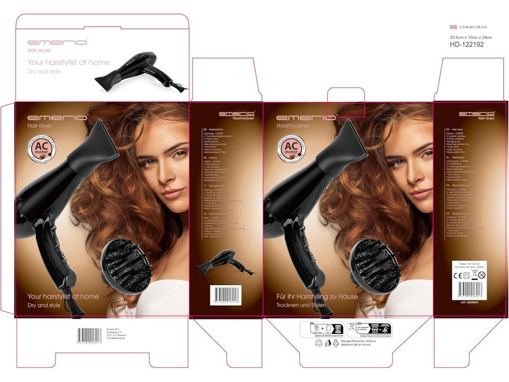 Emerio Hair Dryer 2200W AC – Ionic, 3 Heat / 2 Speed, Cool Shot, Concentrator + Diffuser – view 12