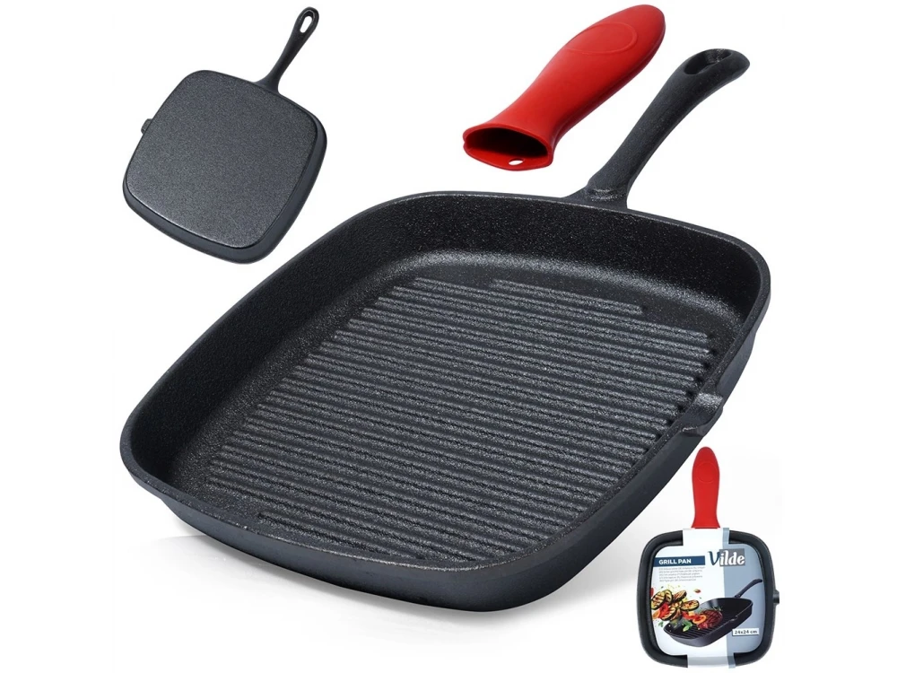 Vilde Premium Cast Iron Grill Pan 24 cm – Ridged Square Pan, Silicone Handle Grip – view 14