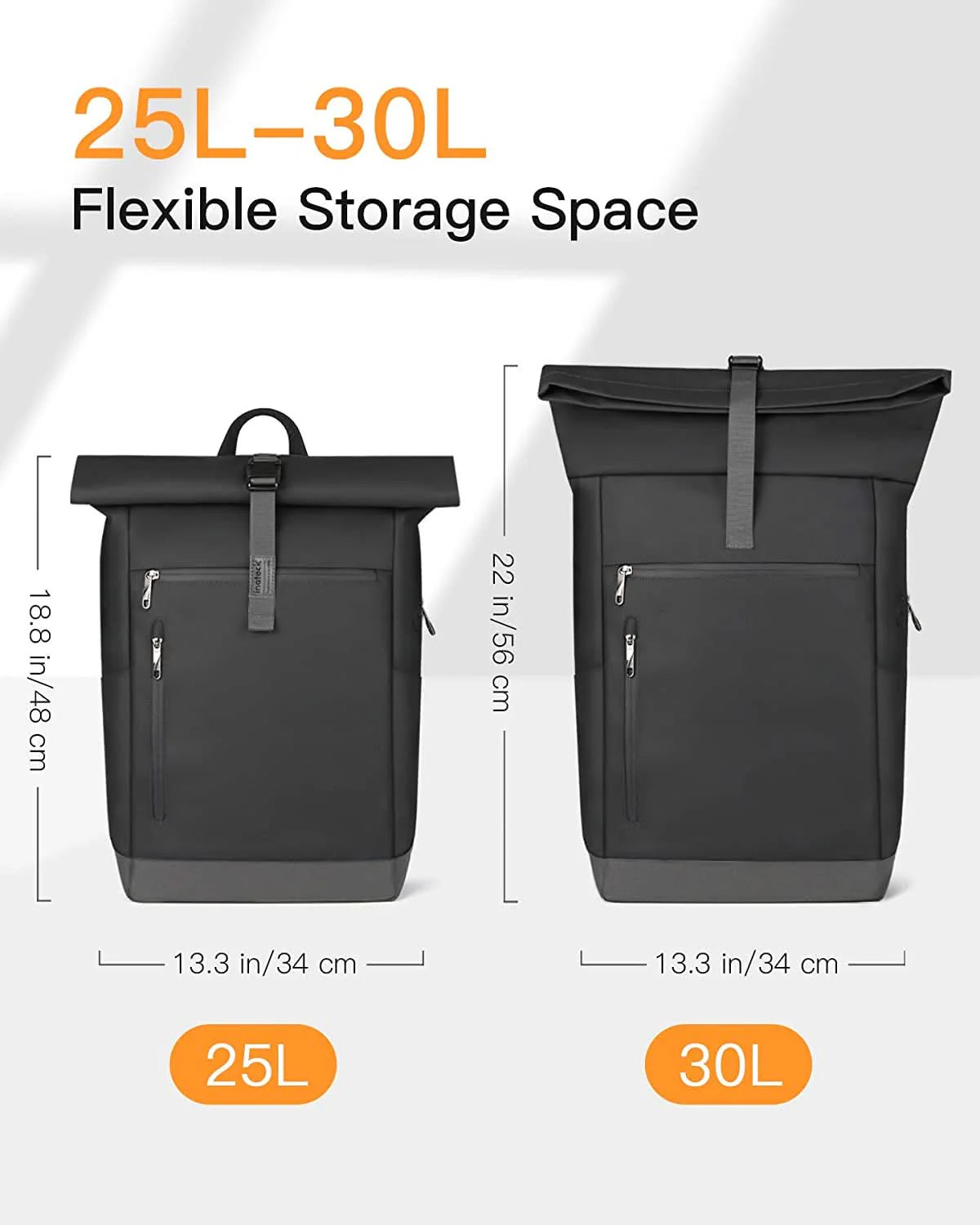 Inateck BP01003-G Roll-Top Waterproof Laptop Backpack – 25–30 L, 15.6" Compartment, Grey