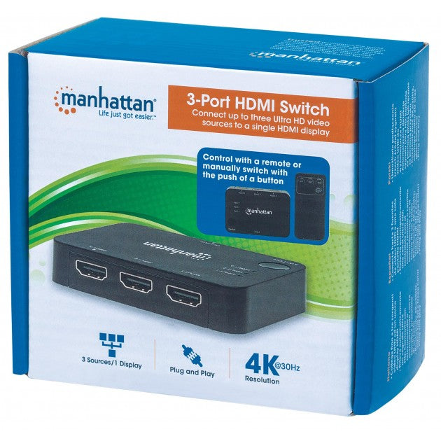 Manhattan IDATA HDMI-4K31MH HDMI Switch 3 Θυρών 4K – Αυτόματη Ανίχνευση Πηγής & IR Remote